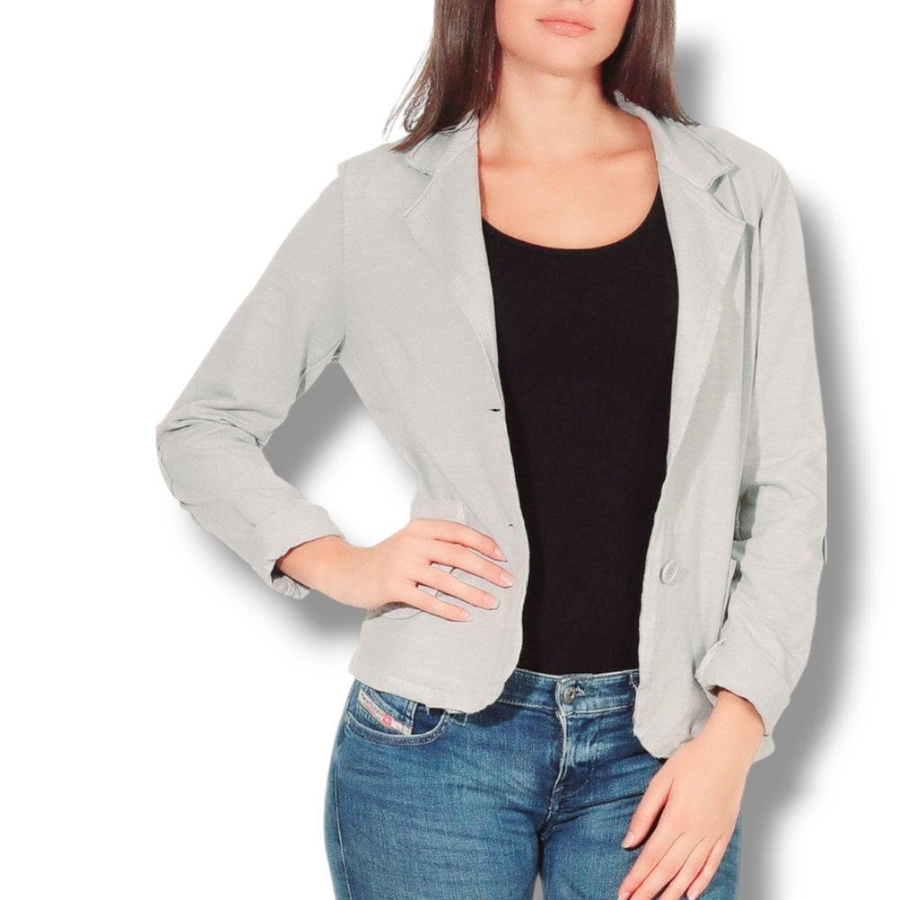 MAX COCOS Women's Light Gray Two Button Linen Blend Blazer